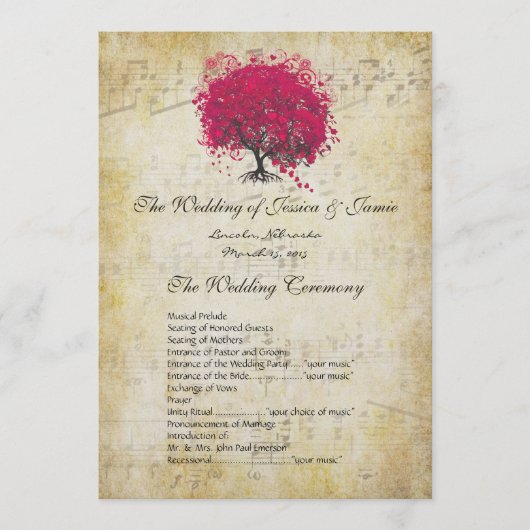 Musical Fuchsia Heart Leaf Tree Wedding Program Programmakaart (Voorkant)