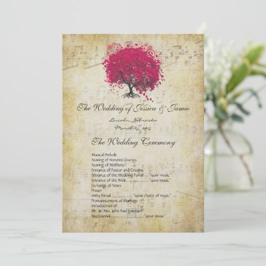 Musical Fuchsia Heart Leaf Tree Wedding Program Programmakaart (Staand voorkant)