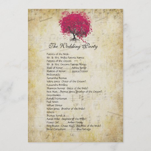 Musical Fuchsia Heart Leaf Tree Wedding Program Programmakaart (Achterkant)