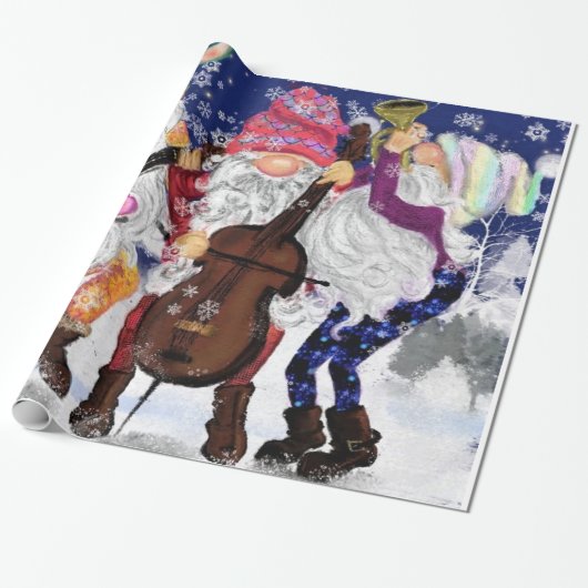 Musical Gnomes Christmas Wrapping Paper Cadeaupapier (Uitgerold)