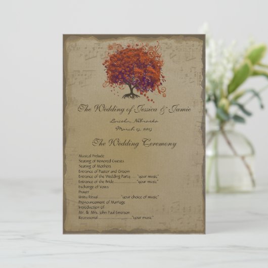 Musical Gold Dark Coral Heart Tree Weddenprogramma Programmakaart (Staand voorkant)
