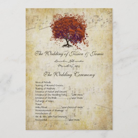Musical Gold Dark Coral Heart Tree Weddenprogramma Programmakaart (Voorkant)