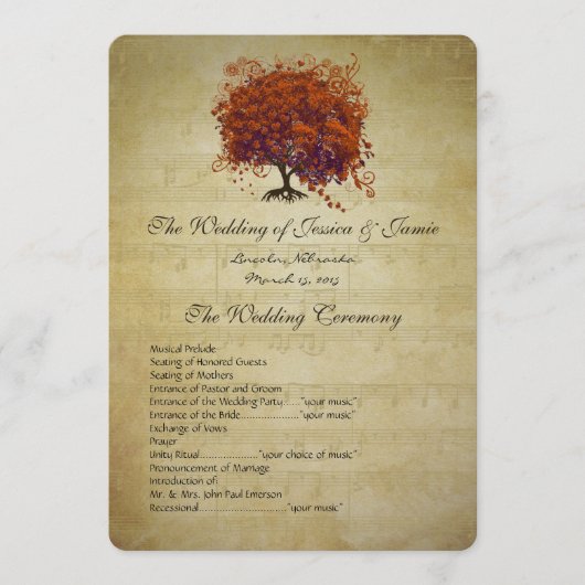 Musical Gold Dark Coral Heart Tree Weddenprogramma Programmakaart (Voorkant)