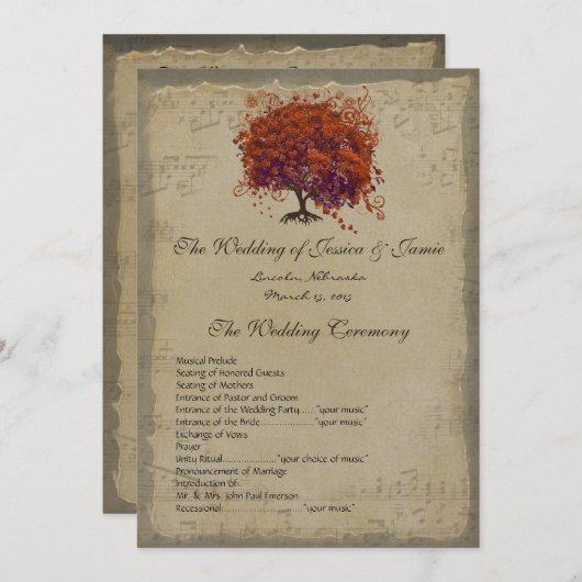 Musical Gold Dark Coral Heart Tree Weddenprogramma Programmakaart (Voorkant / Achterkant)