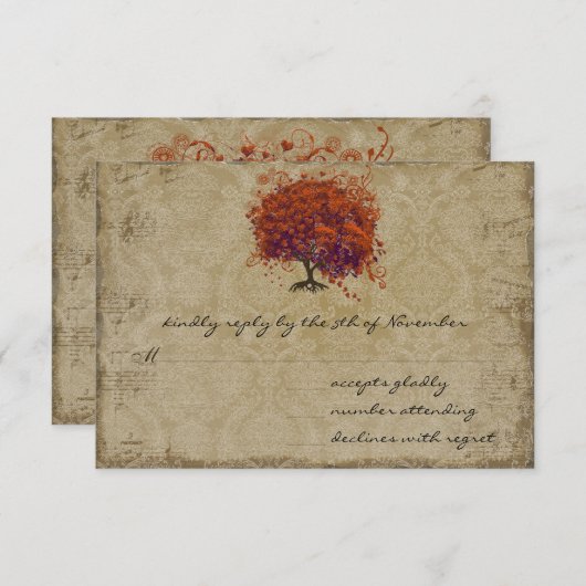 Musical Gold Dark Oranje Plum Heart Leaf Tree RSVP Kaartje (Voorkant / Achterkant)
