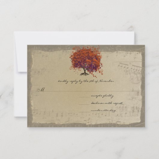 Musical Gold Dark Oranje Plum Heart Leaf Tree RSVP Kaartje (Voorkant)