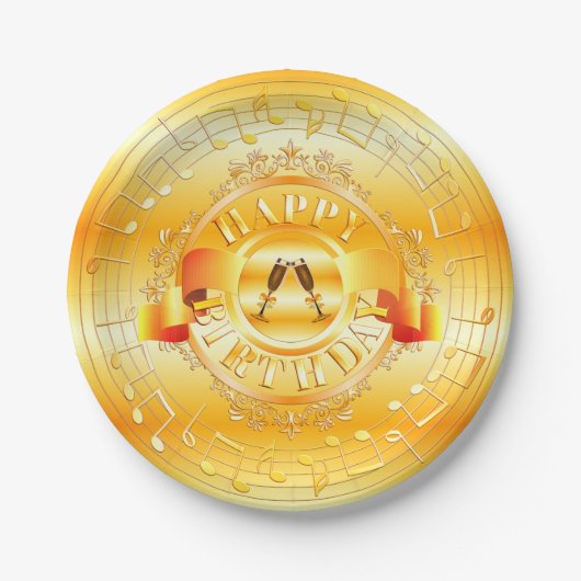 Musical Gold Embellish Attractive Happy Birthday Papieren Bordje (Voorkant)