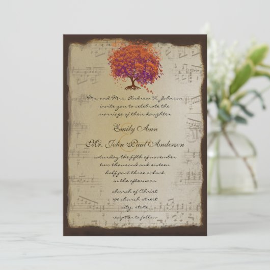 Musical Gold Oranje Plum Heart Leaf Tree Weddings Kaart (Staand voorkant)