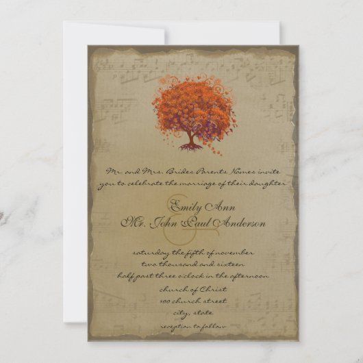 Musical Gold Oranje Plum Heart Leaf Tree Weddings Kaart (Voorkant)