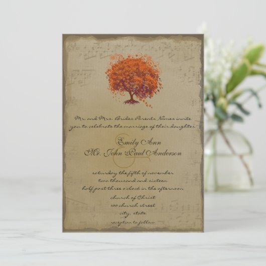 Musical Gold Oranje Plum Heart Leaf Tree Weddings Kaart (Staand voorkant)