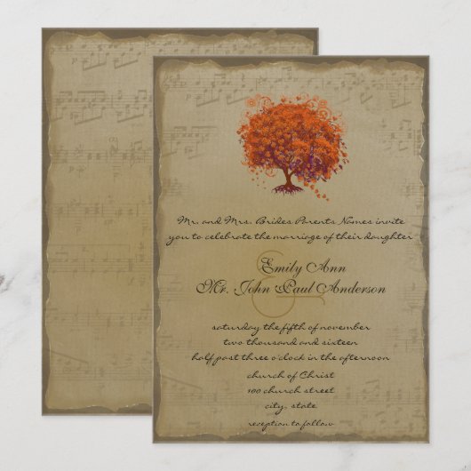 Musical Gold Oranje Plum Heart Leaf Tree Weddings Kaart (Voorkant / Achterkant)