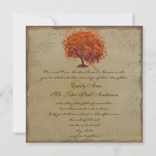 Musical Gold Oranje Plum Heart Leaf Tree Weddings Kaart (Voorkant)