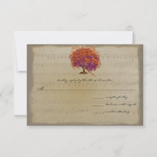 Musical Gold Oranje Plum Heart Leaf Tree Weddings RSVP Kaartje