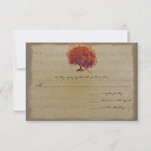 Musical Gold Oranje Plum Heart Leaf Tree Weddings RSVP Kaartje