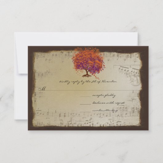 Musical Gold Oranje Plum Heart Leaf Tree Weddings RSVP Kaartje (Voorkant)