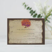 Musical Gold Oranje Plum Heart Leaf Tree Weddings RSVP Kaartje (Staand voorkant)