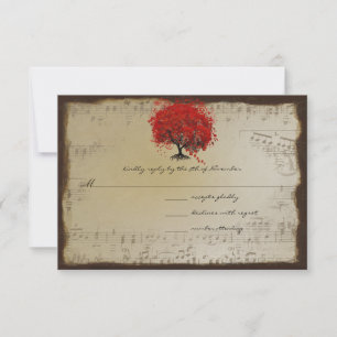 Musical Gold Oranje Plum Heart Leaf Tree Weddings RSVP Kaartje