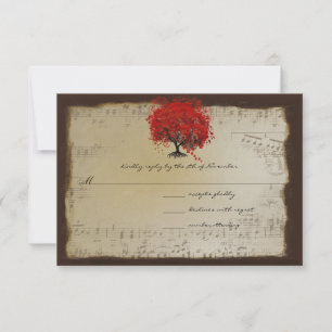 Musical Gold Oranje Plum Heart Leaf Tree Weddings RSVP Kaartje