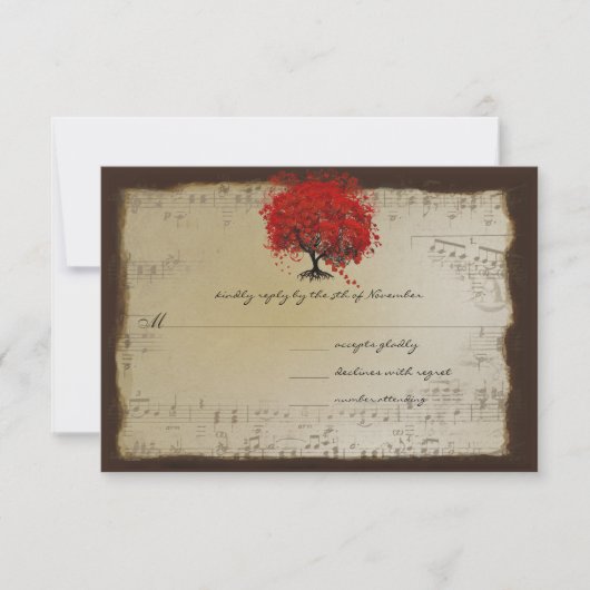 Musical Gold Oranje Plum Heart Leaf Tree Weddings RSVP Kaartje (Voorkant)