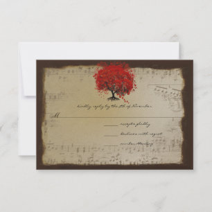 Musical Gold Oranje Plum Heart Leaf Tree Weddings RSVP Kaartje