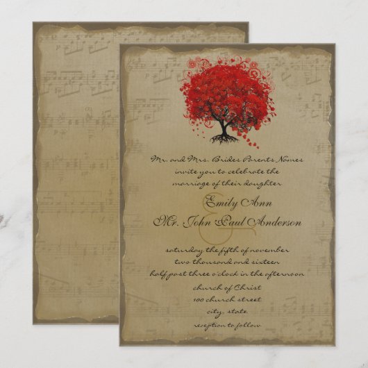 Musical Gold Red Heart Tree Wedding Invite Kaart (Voorkant / Achterkant)