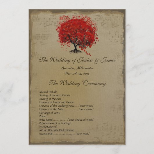 Musical GoldRed Heart Tree Wedding Programme Programmakaart (Voorkant)