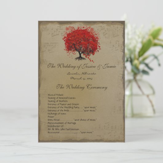 Musical GoldRed Heart Tree Wedding Programme Programmakaart (Staand voorkant)