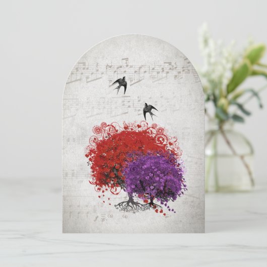 Musical Heart Leaf Red Paarse Tree Birds Wedding Kaart (Staand voorkant)