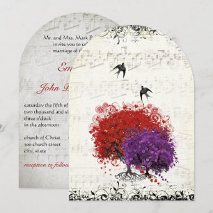 Musical Heart Leaf Red Tree  Birds Wedding Kaart