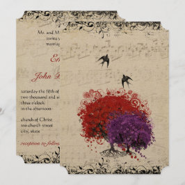 Musical Heart Leaf Red Tree Birds Wedding Kaart