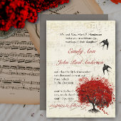 Musical Heart Leaf Red Tree Birds Wedding Kaart