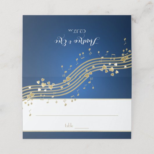 Musical Hearts Blauw en Goud Plaatskaartje (Buitenkant ongevouwen)