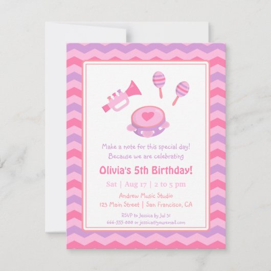 Musical Instruls Girls Birthday Party Kaart (Voorkant)