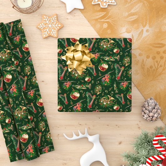 Musical Instruments kerstpatroon Dark Green Cadeaupapier