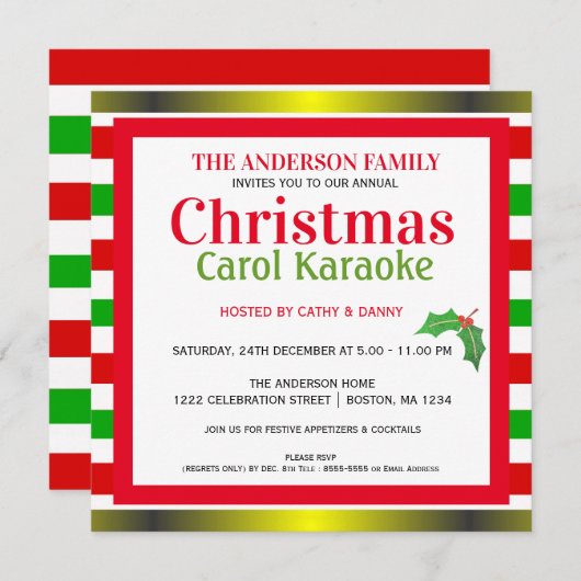 Musical Kerstmis Carol & Karaoke Party Invitation Kaart (Voorkant / Achterkant)