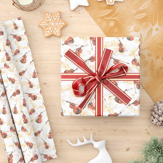 Musical KerstViolins Gold Muzieknoten Cadeaupapier