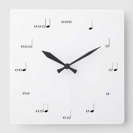 MUSICAL NOTE WALL CLOCK BLACK EN WHITE VIERKANTE KLOK (Voorkant)