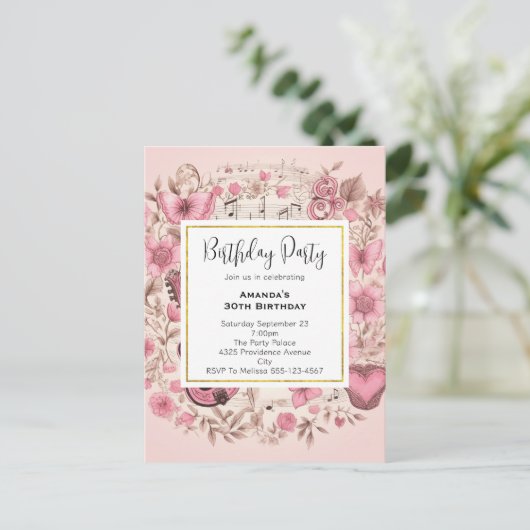 Musical Notes and Flowers  Birthday Invite Briefkaart (Staand voorkant)