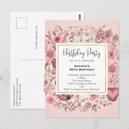 Musical Notes and Flowers Birthday Invite Briefkaart (Voorkant / Achterkant)