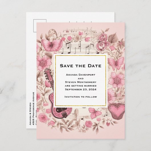 Musical Notes and Flowers Save the Date Uitnodiging Briefkaart (Voorkant / Achterkant)