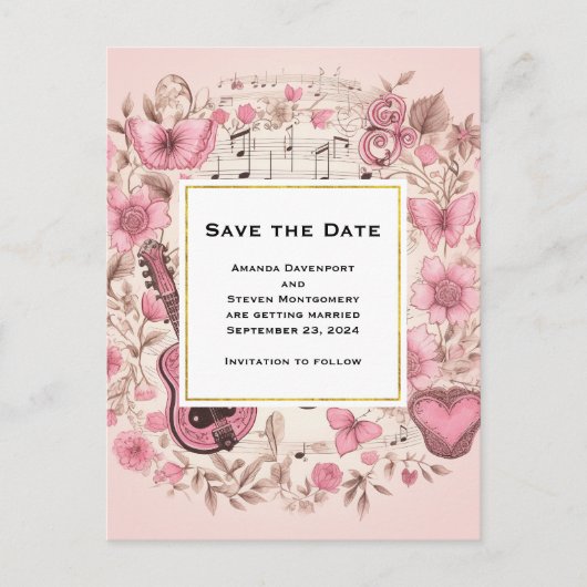Musical Notes and Flowers  Save the Date Uitnodiging Briefkaart (Voorkant)