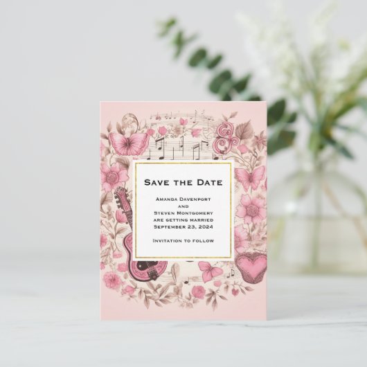 Musical Notes and Flowers  Save the Date Uitnodiging Briefkaart (Staand voorkant)