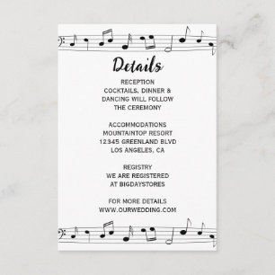 Musical Notes Black & White Monogram Weddenschap Informatiekaartje