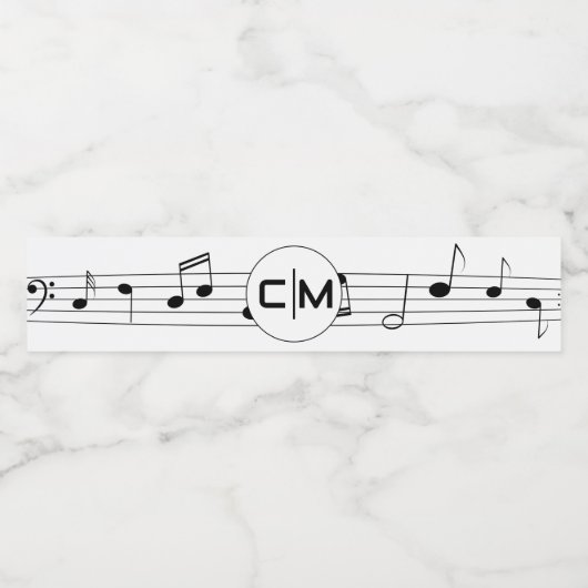 Musical Notes Black & White Monogram Weddenschap Waterfles Etiket (Enkel label)