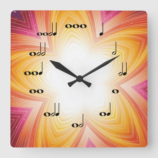Musical Notes Clock Star Burst Orange Vierkante Klok (Voorkant)