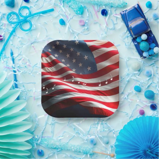 Musical Notes Floating On an American Flag Papieren Bordje (Feest)