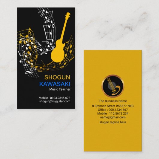 Musical Notes Guitar Riffs Yellow Guitar Visitekaartje (Voorkant / Achterkant)