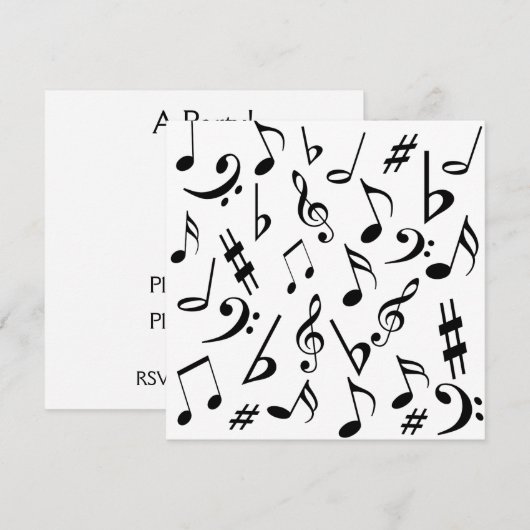 Musical Notes Invitation Black White Kaart (Voorkant / Achterkant)