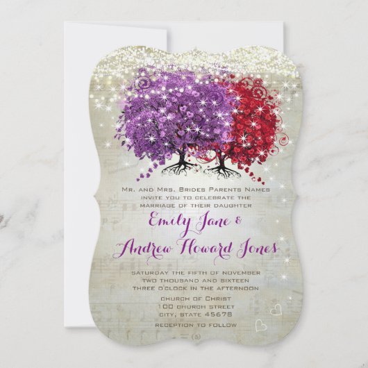 Musical Notes Paars Red Heart Leaf Tree Wedding Kaart (Voorkant)