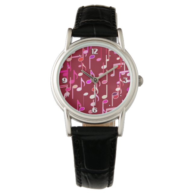 Musical Notes print - burgundy, multi Horloge (Voorkant)